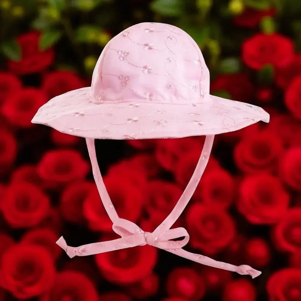 The Original Flap Happy Hat Baby Sun Cap 6-12 Months Pink Eyelet UPF 50 Ties Hat